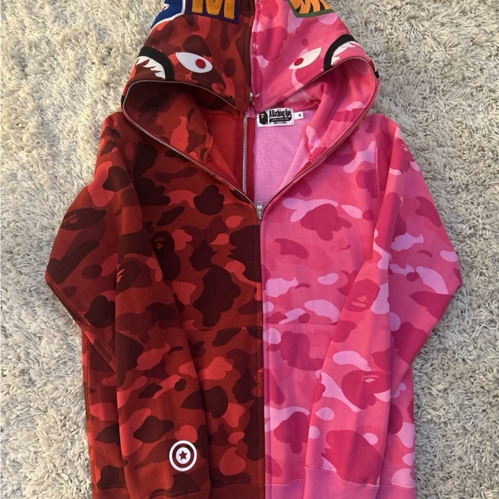 A Bathing Ape Color Camo Half Shark Full Zip Hoodie Red/Pink